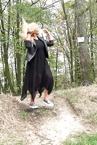 Fetching Blonde Gushes Over The Ground Outdoor